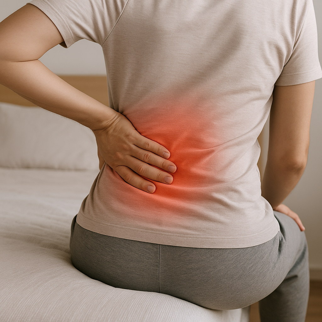 Frau hält sich den unteren Rücken wegen Rückenschmerzen