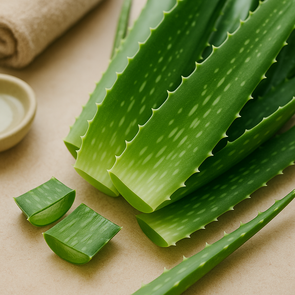 Aloe-Vera-Blätter mit sichtbar angeschnittenem Gel als Symbol für natürliche Hautpflege und Wellness