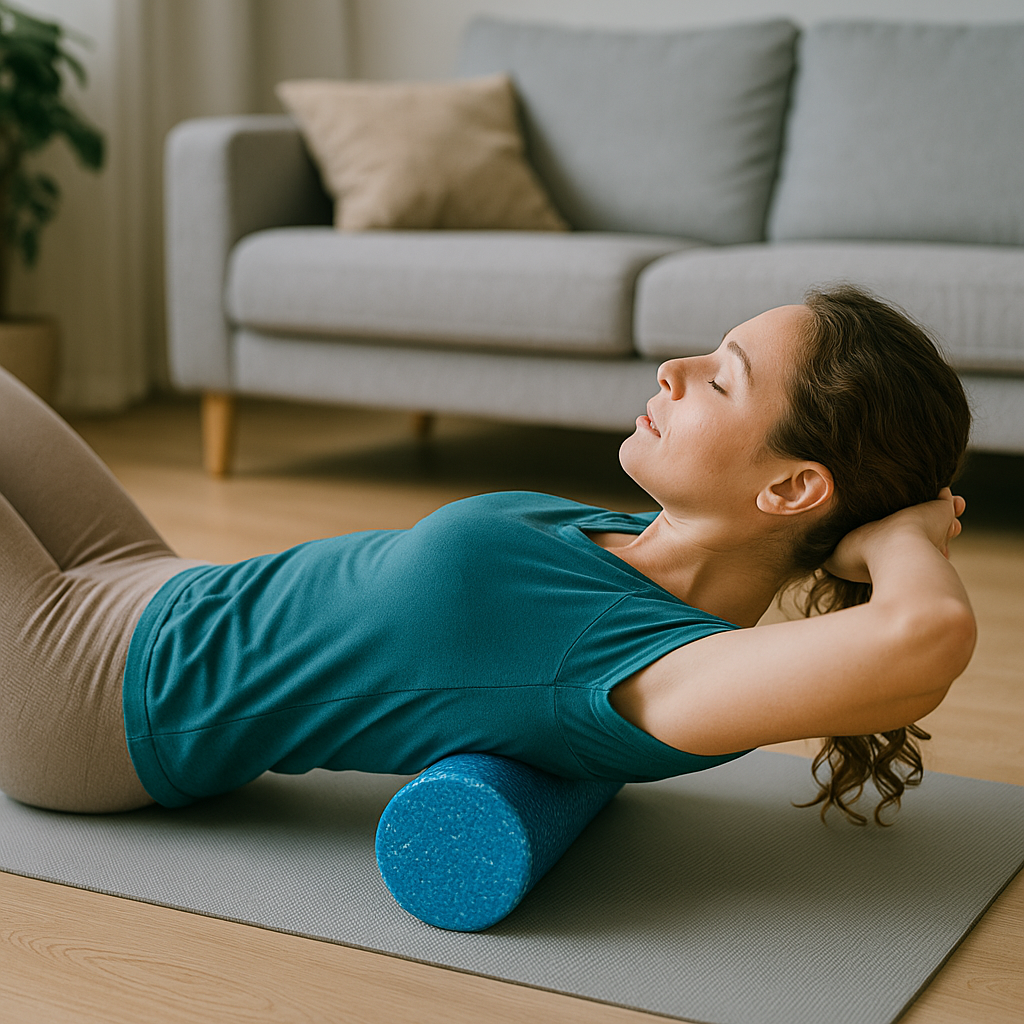 Frau macht eine Faszienmassage mit einer Faszienrolle